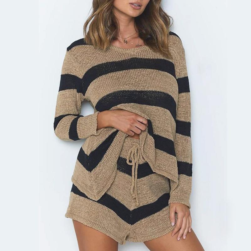 

Women' Sweaters Casual Loose Striped Sweater And Shorts Suit, As pic