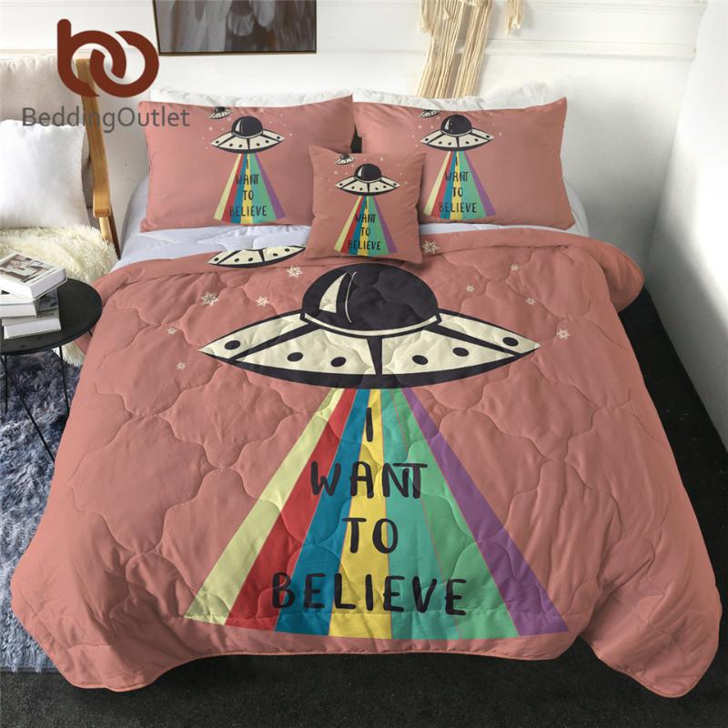 

BeddingOutlet Spaceship Quilt Set Rainbow Bedding Universe Home Decor 3d Printed Cartoon Bedclothes For Kids Cute Edredom Comforters & Sets