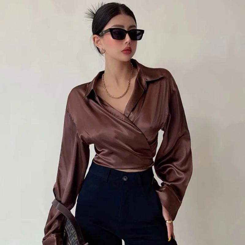 

Women' Blouses & Shirts DYLQFS 2021 Summer Women Vintage Coffee Satin V- Neck Bandage Sexy Long Sleeve Slim Shirt Ladies Streetwear Casual