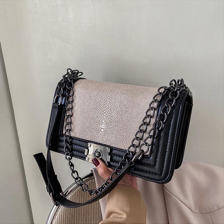 

Factory Outlet women shoulder bags classic atmosphere Thread hasp chain bag retro color matching leather handbag street trend stone pattern handbag