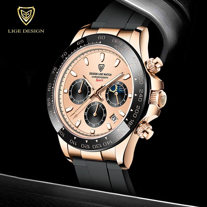 

Wristwatches LIGE 2021 Top Waterproof Quartz Watches Wrist For Men Date Sports Chronograph Silicone Clock Male Relogio, Rose gold black