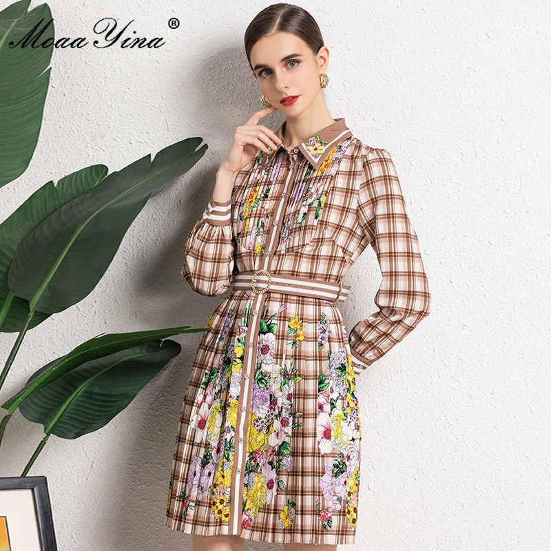 

Summer Fashion Designer Elegant Shirt style Dress Women Lantern Sleeve Floral print Vintage Plaid Mini 210524, Camel