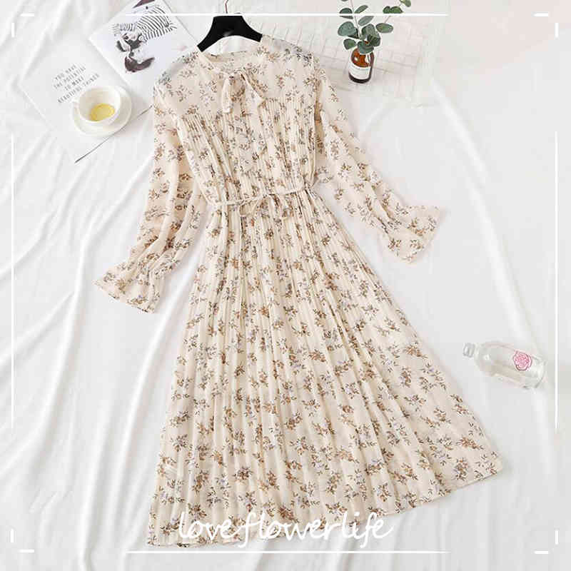 

Floral Print Chiffon Dress Women Spring Summer Loose Long Sleeve Ruffles Pleated Long Dress Bow Vintage Femme Vestidos 210521, Black dot