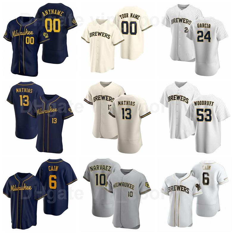 

24 Avisail Garcia Jersey Baseball 10 Omar Narvaez 6 Lorenzo Cain 53 Brandon Woodruff 13 Mark Mathias 16 Kolten Wong Man Woman Youth, Blue;black