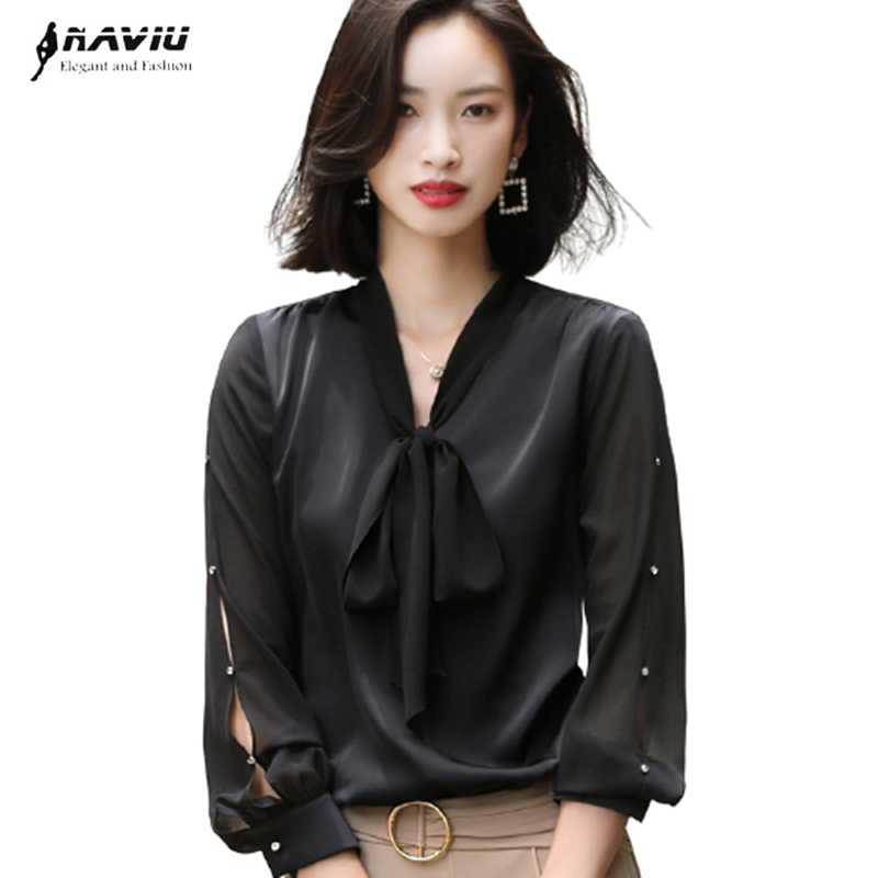 

Black Chiffon Shirt Women Long Sleeve Autumn Fashion V Neck Bow Design Satin Blouses Office Ladies Loose Work Tops 210604, Blue