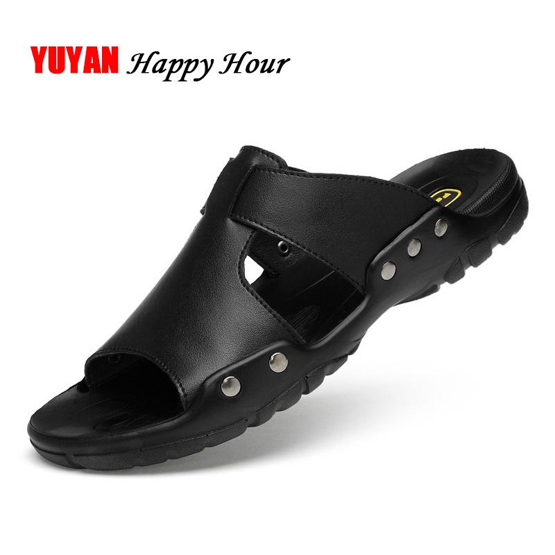 

Sandals 2021 Genuine Leather Men Summer Shoes Flat Beach Slippers Cow Black A750