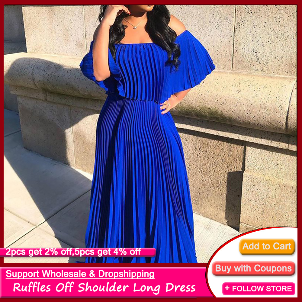 

Boho Sexy Off Shoulder Pleated Long Maxi Floor-Length Dress Bohemian Vacation Beach Casual Loose Elegant 2021 Women Fashion, Blue