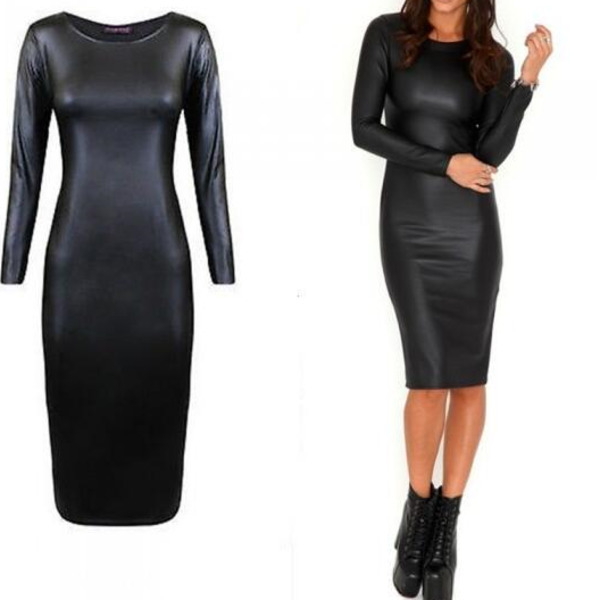 

Casual Bodycon Sexy Black PU Leather Bodycon Dress Women clothes, Short sleeve