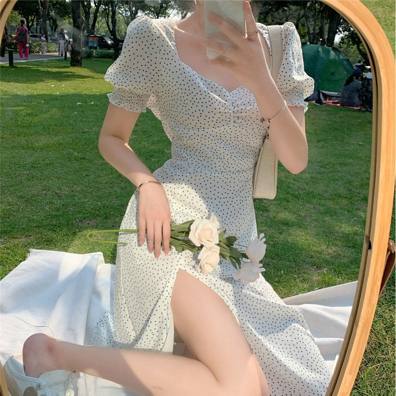 

French Chiffon Dress Women Puff Sleeve Point Print Vintage Retro Dress Office Lady Casual Summer Elegant Split Dress Women 2021, White