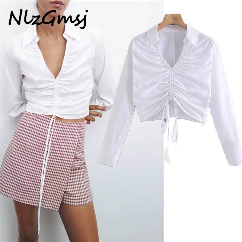 

Blouse Women White Crop Tops Woman Long Sleeve Drawstring Pleated Blouses Vacation Beach 04 210628, As picture