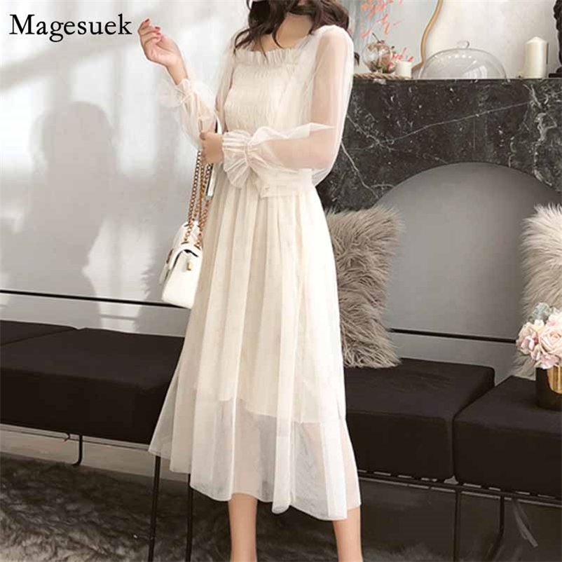 

Fashion Woman Long Sleeve with Small Fairy Dress Spring Lace A Word Fresh and Lovely Collar Wome' 1940 210518, Apricot