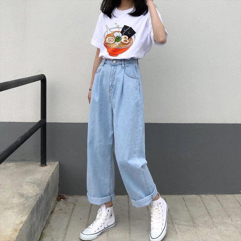 

spring and autumn loose womens capris high waisted jeans elastic waist light colored drape straight leg pants wide, Black;white