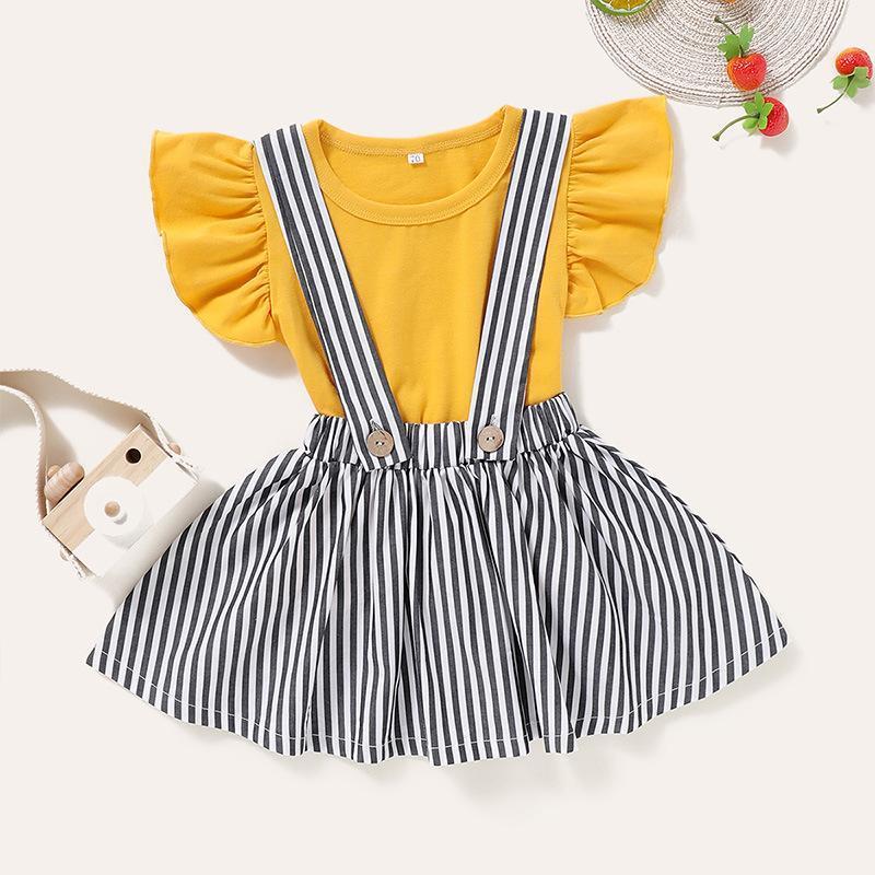 

Baby Kids Girl's Dress Suits Backpack Striped Skirt T-shirt Two Piece Set Fashion Children Girl Clothing Sets, White