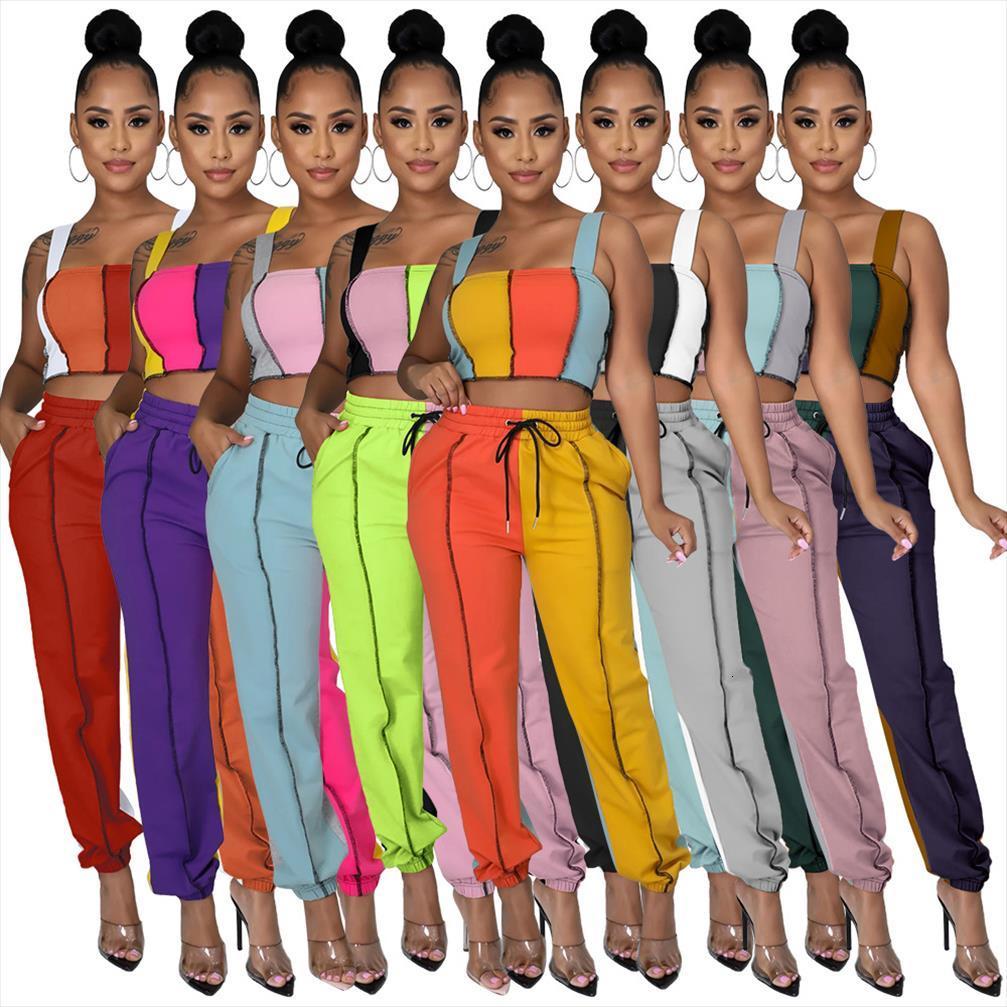 

contrast color casual bandage two womenpant pieces sets streetwear sleeveless tank crop and jogger sweatpant active matching set, White
