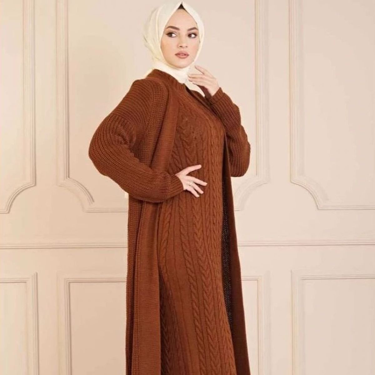 

2 pieces woman dress knitted suit long cardigan and maxi dress muslim fashion islamic winter clothing turkey dubai 2021 winter, Black;gray