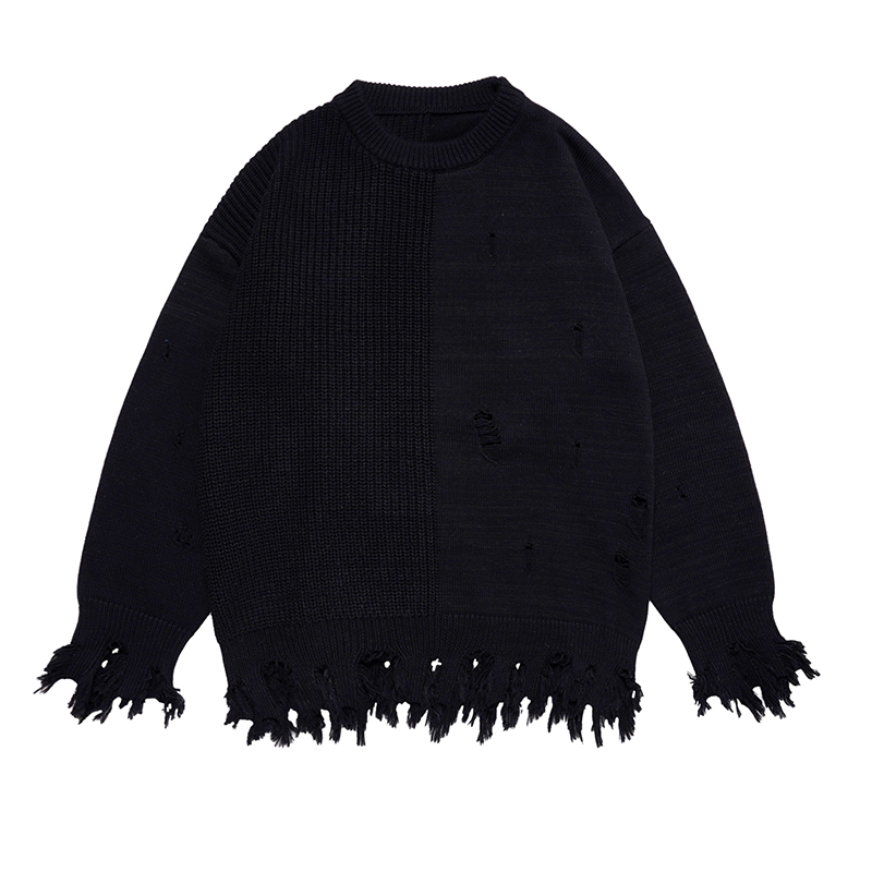 

Retro Hole Tassel Patchwork Pullover Mens Sweaters Oversized Knit Color Block Crew Neck Winter Couple Clothes, Black