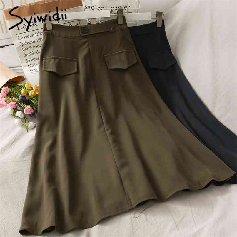 

Vintage Button High Waist Skirt Women Mid-Calf Casual A-Line Solid Blue Spring Summer Korean Fashion Skirts 210607, Coffee