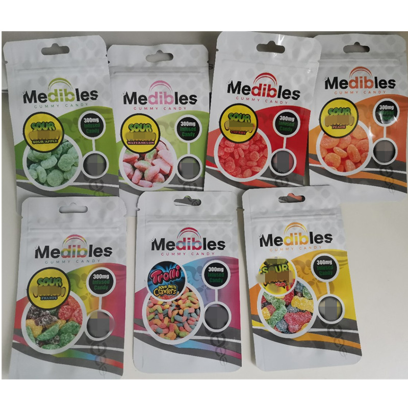

sour candy medibles packing bags 300mg mylar edibles watermelon apple fruits cherry peach package packaging bag wholesale