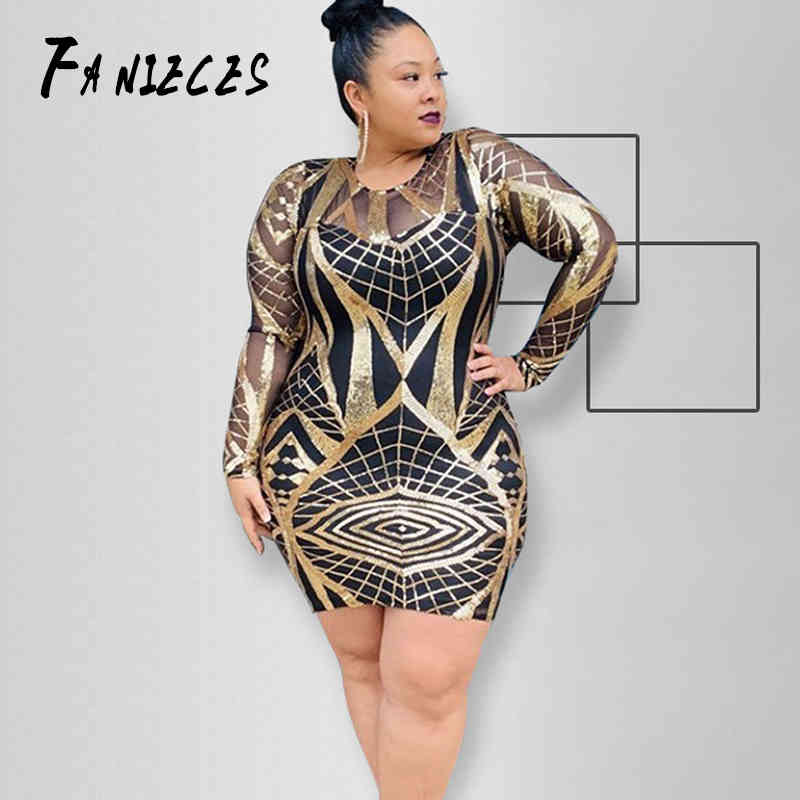 

Plus Size XS-5XL Women Party Plaid Sequined Dress Bodycon Cocktail Club wear Sheath Long Sleeve Ladies Dresses Feminino Vestidos 210520, Gold