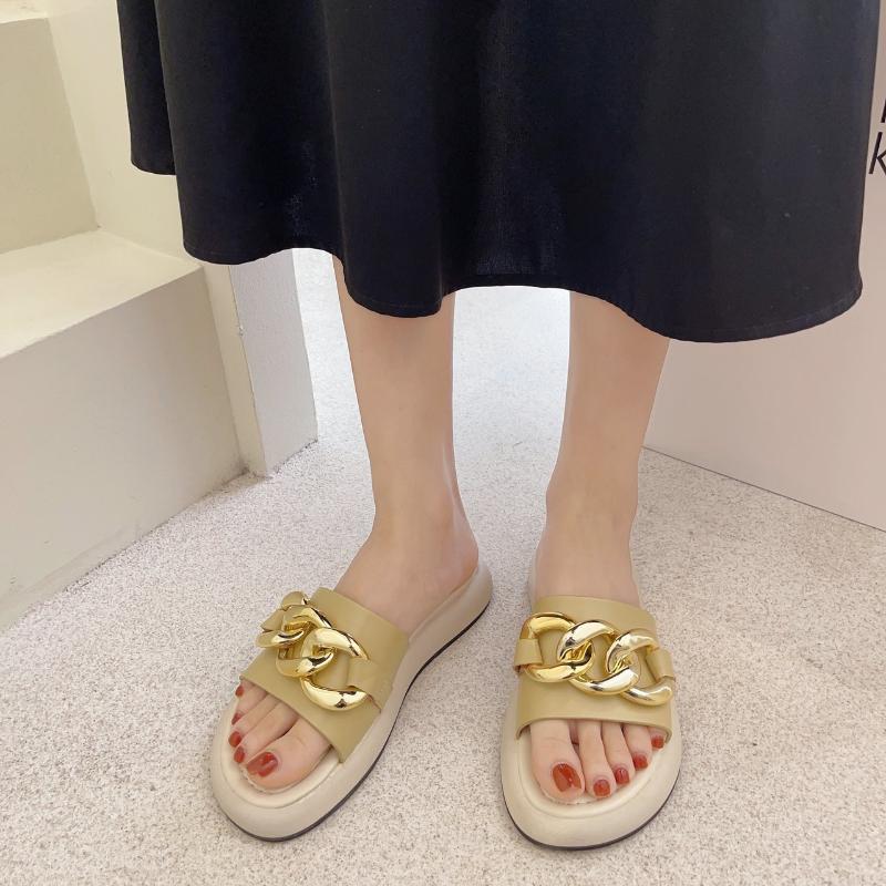 

Metal Chain Women's Slippers Beach Slipper Female Summer Ladies Fashion Flat Casual Shoes Woman Footwear Plus Size 2021, Green