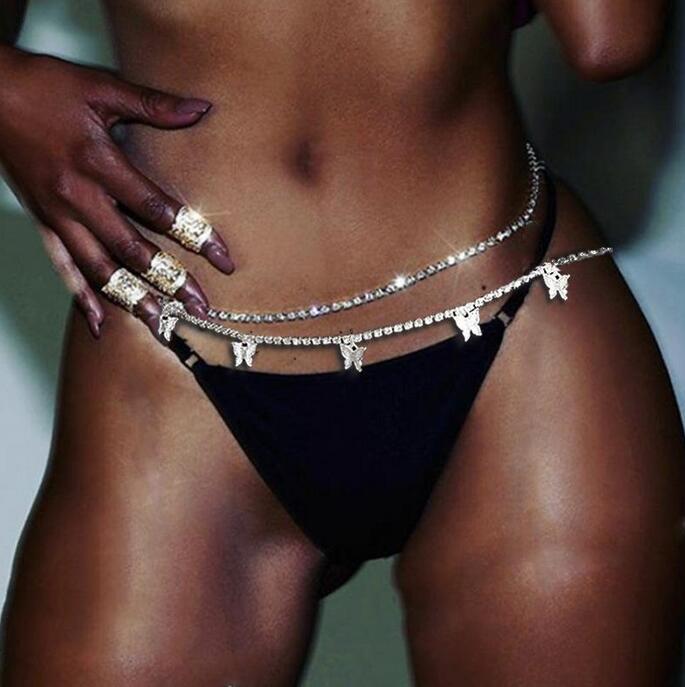 

Sexy Body Jewelry Rhinestone Tennis Waist Chain for Women Beach Charm Bikini Butterfly Heart Belly Chains Belt, Silver