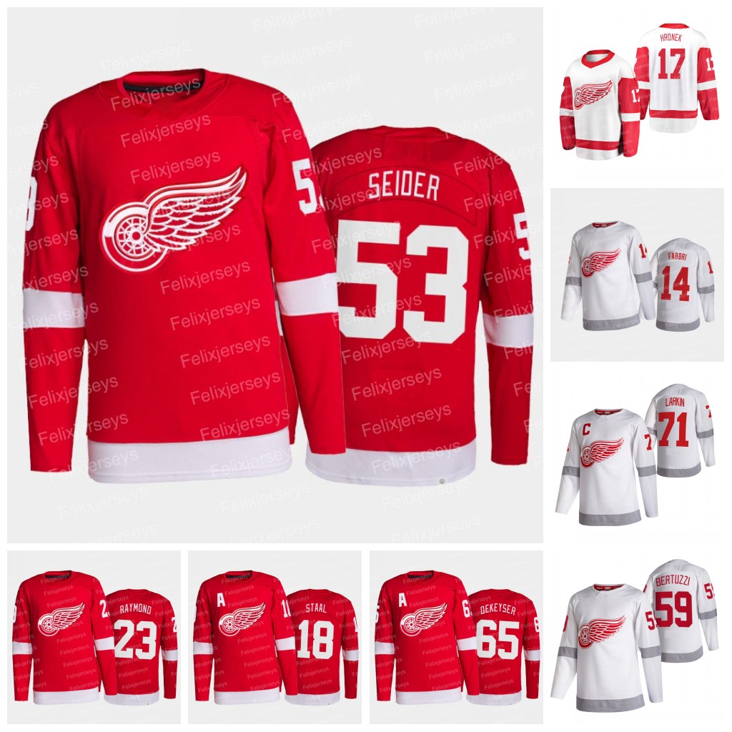 

53 Moritz Seider Detroit Red Wings Jersey Lucas Raymond Tyler Bertuzzi Dylan Larkin Filip Hronek Vladislav Namestnikov Danny DeKeyser Robby, Black;red