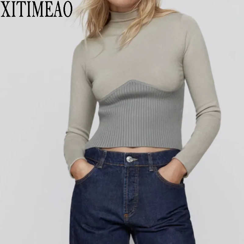 

ZA Women Fashion Turtleneck Ribbed Shirts Long Sleeve Bottoming Autumn Winter Female Slim Stitching Sweater 210604, Apricot