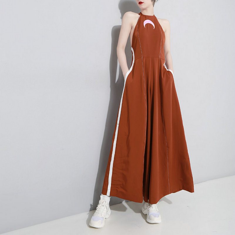 

Women Sexy Backless Jumpsuit Wide Leg Pants Harajuku Moon Embroid Ring Wrinkled Female Open-Backed Bodysuit Couplet 2021 Fashion, Brown