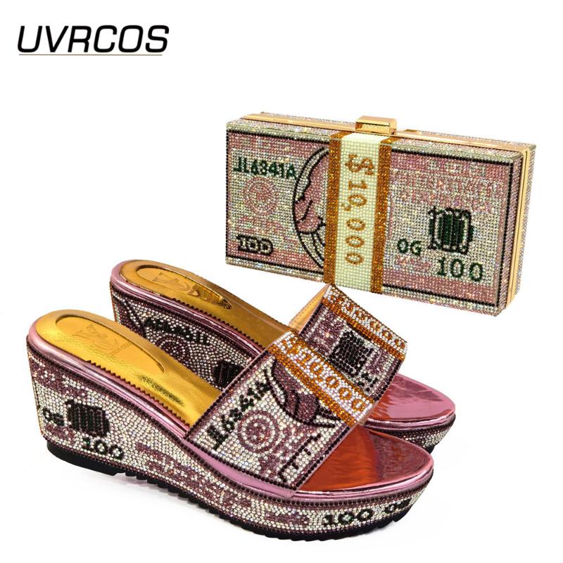 

Dress Shoes 2021 Italian Design Selling Nigerian Party Women And Bag Set With Speical Narrow Band Rhinestonc In Pink Color, Black