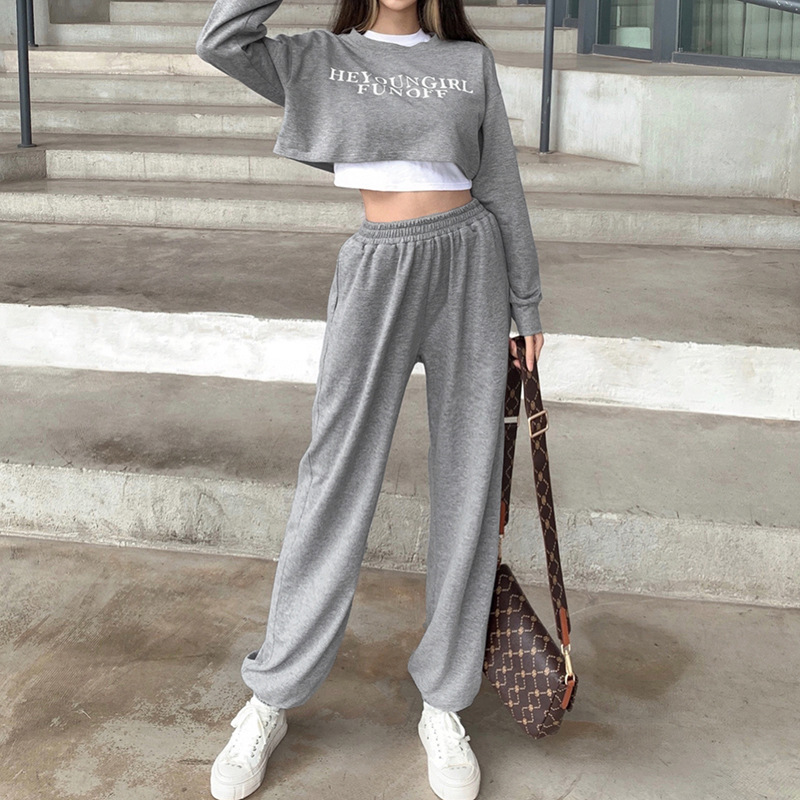 

Sweatpants Women Fashion Korean Solid Lace Up Stretch Waist Trousers Casual Loose Wide Leg Pants unsex boyfriend pants 210524, Gray