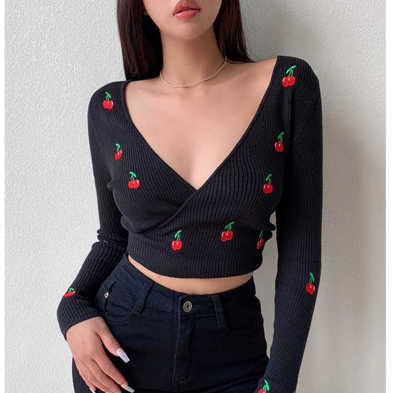 

WOMENGAGA Cross V-Neck Long Sleeve Knitted Short Top Cherry Print Bottoming Tops For Women Sexy Elasticity Sweater G4Q9 210603, Black