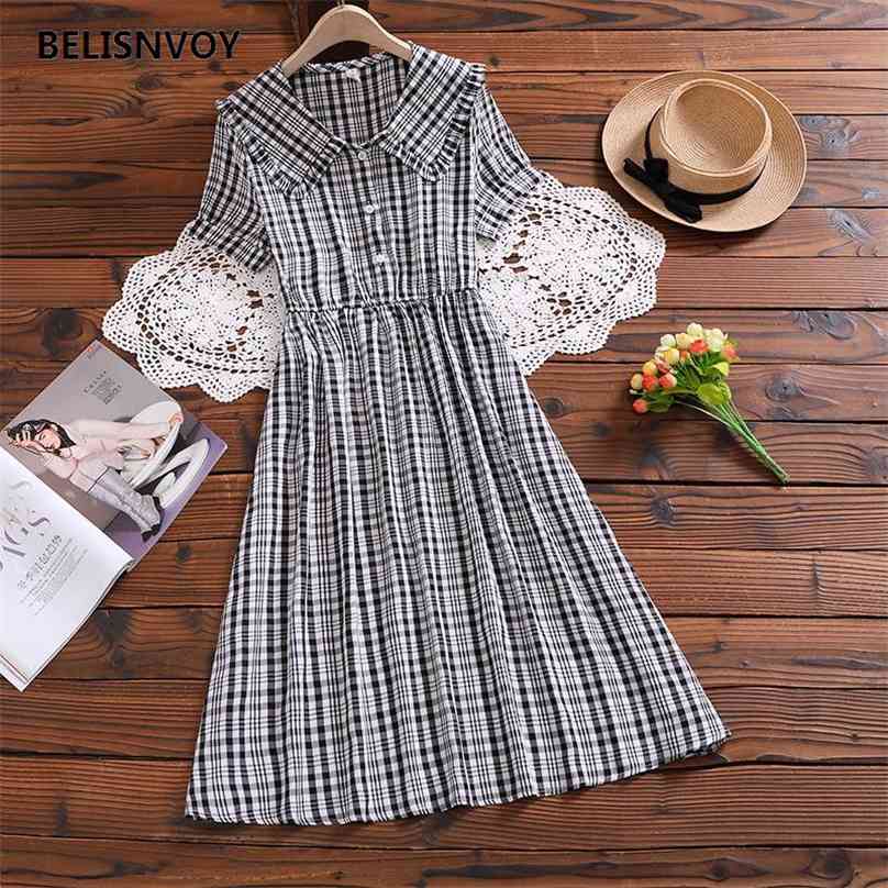 

Mori Girl Sweet Plaid Vintage Dress Arrival Japan Style Sailor Collar Sundress Summer Short Sleeve Casual Female Midi 210520, Red