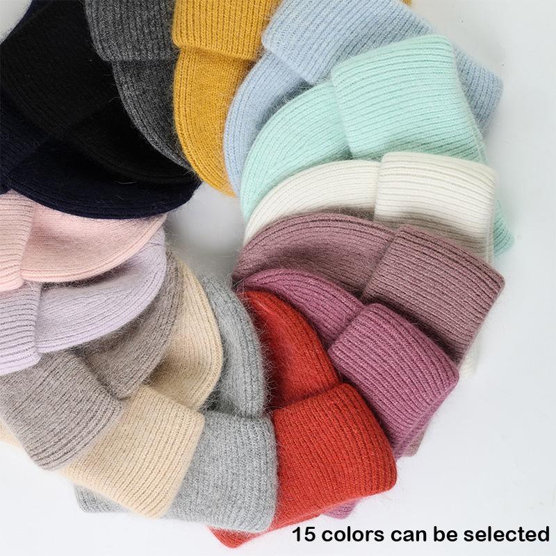 

Beanies Winter Real Fur Knitted For Women Fashion Solid Warm Cashmere Wool Skullies Female Three Fold Thick Hats