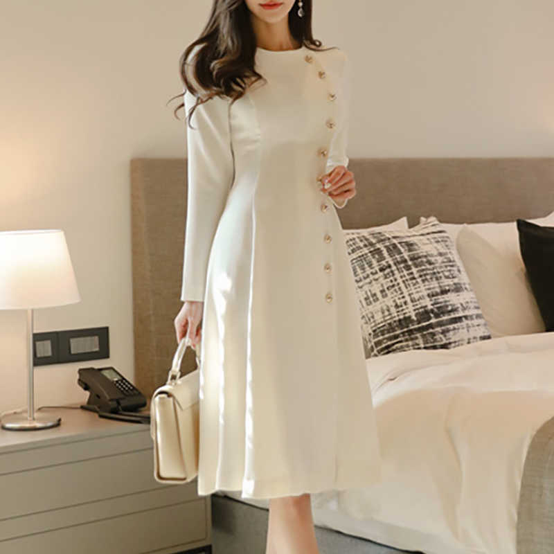 

Elegant White Dress Women Casual Button A-Line Slim Dress Office Lady Runway Designers Autumn High Fashion Dresses Ladies SH190901