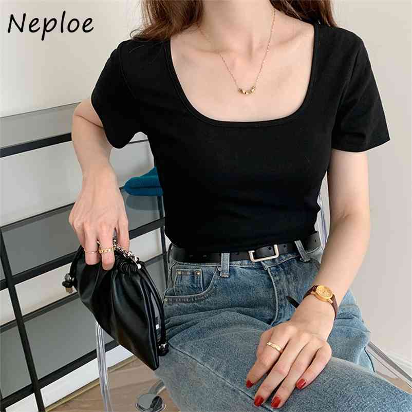 Square Collar Sexy Clavicle Exposed T Shirt Women Pullover Short Sleeve Simple Solid Tees Summer All Match Top 210422Z