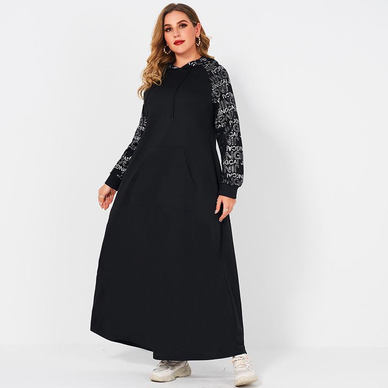 

Plus Size Dresses Deenor Women Dress 2021 Casual Silver Letter Print Long Sleeve Stitching Hooded Drawstring Loose Sport Black