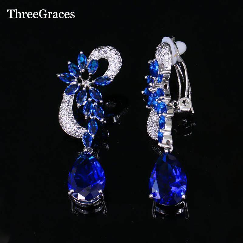 

Clip-on & Screw Back ThreeGraces Ladies CZ Crystal Party Jewelry Cubic Zircon Micro Pave Royal Blue Flower Fashion No Piercing Clip On Earri, Silver