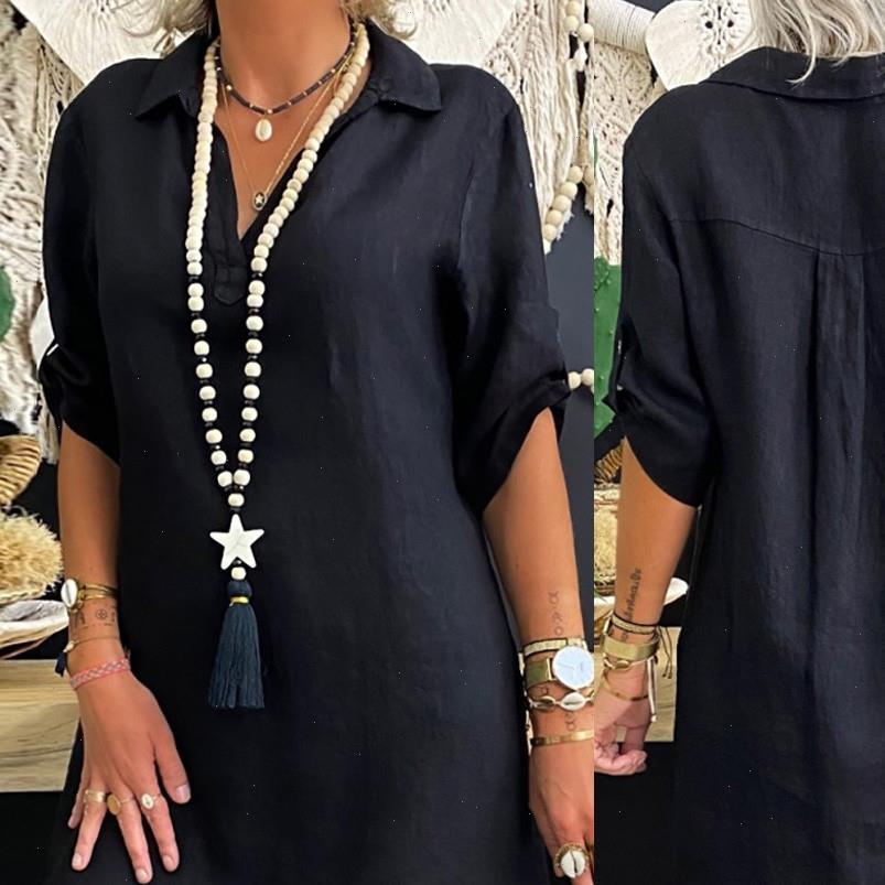 

fashion long plus size solid womens shirts color cotton linen turn down collar loose shirt dress blusas mujer de moda, White