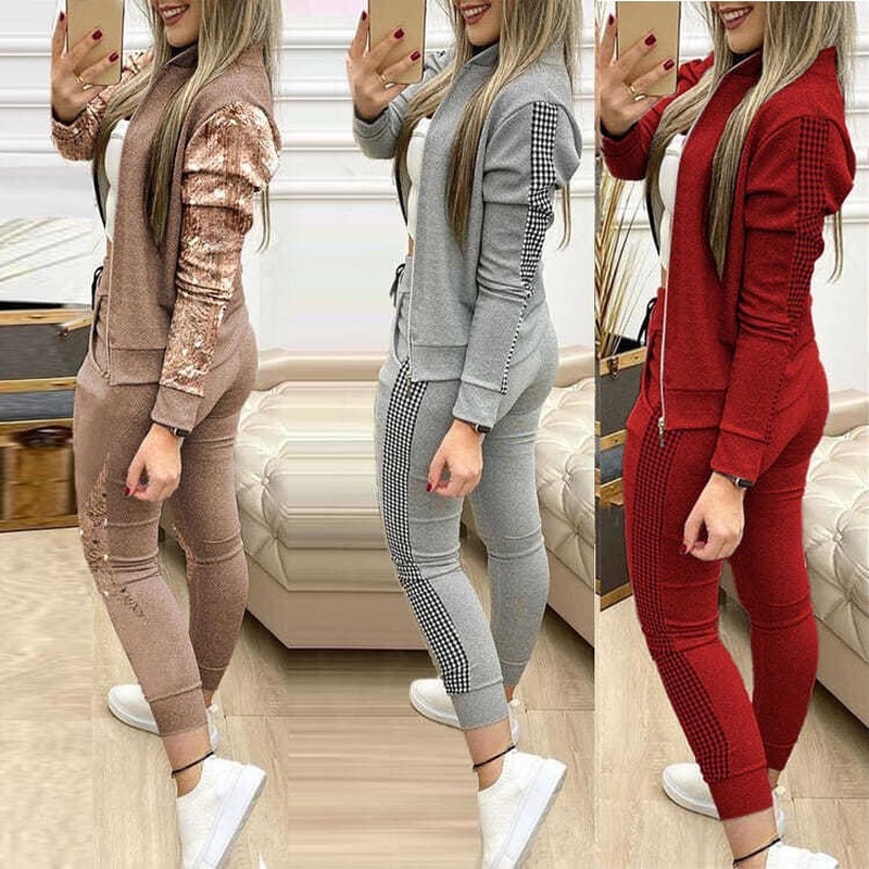 

Autumn and Winter Casual Knitted Suit Women's Pants Two-piece 210429, Gold