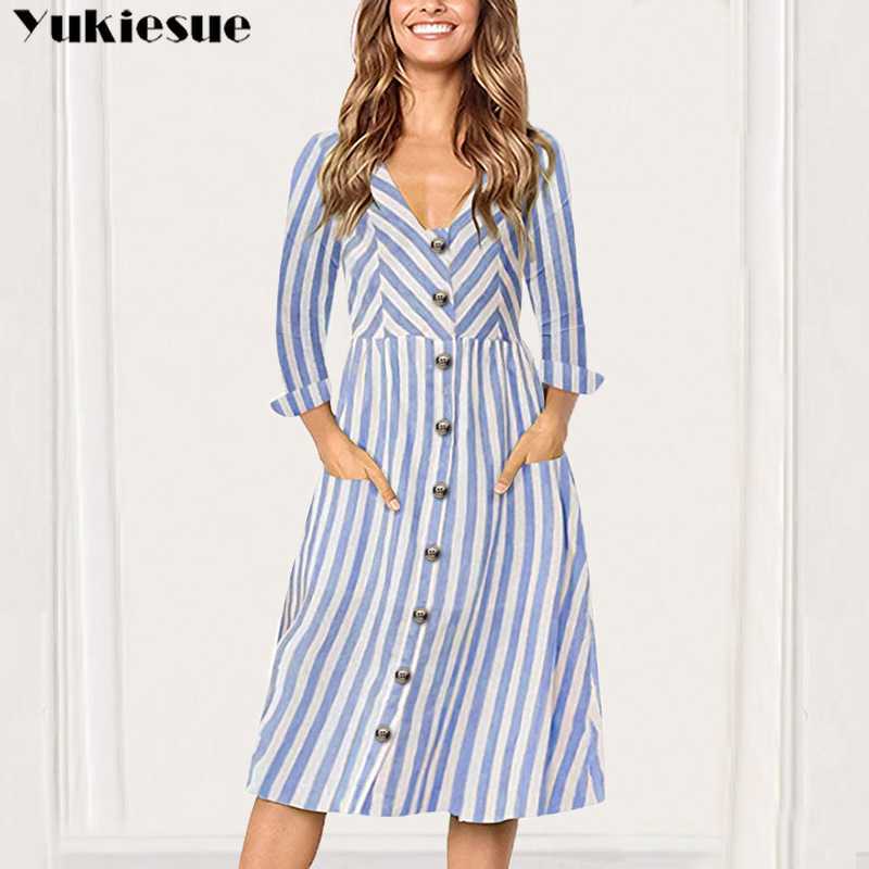 

Fashion Women Autumn Long Sleeve Button Shirt Dress Sexy V Neck Striped Casual Dresses Winter Womens Vestidos Plus size 210608, Blue