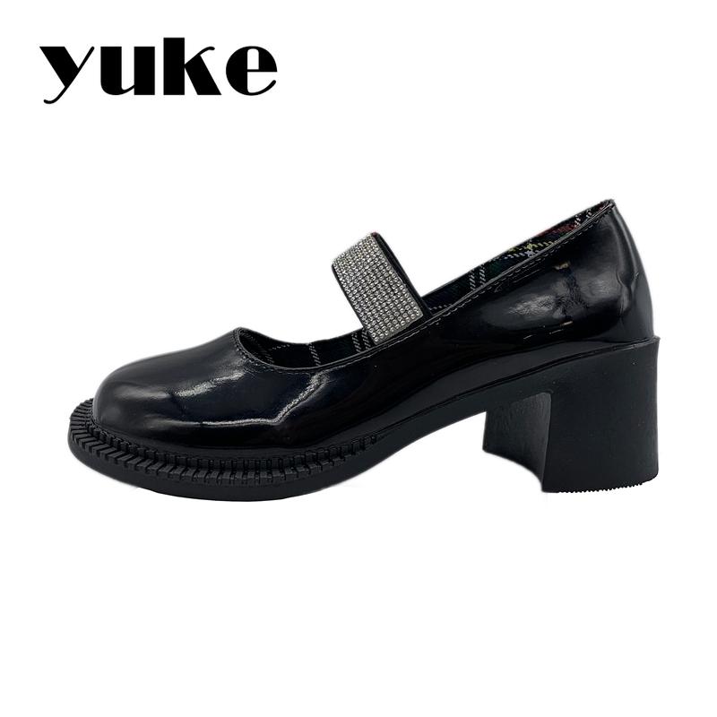 

Dress Shoes YUKE Women Pumps Y2K Retro Style Teenagers Lolita Female Crystal Square Heel JK Round Toe Spring Woman Shoe, Matt-black