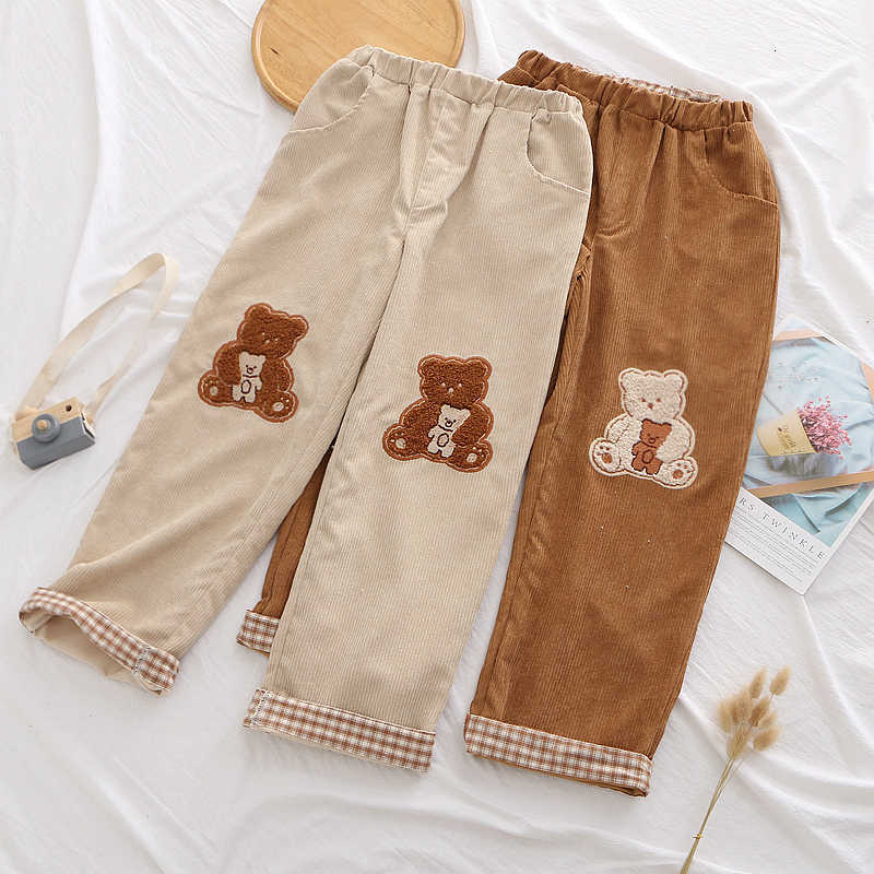 Women&#039;s Jeans Harajuku Vintage Women Corduroy Pants Cute Cartoon Bear Embroidery Plaid Casual Trousers Winter Teen Girls Kawaii St-image-704036249