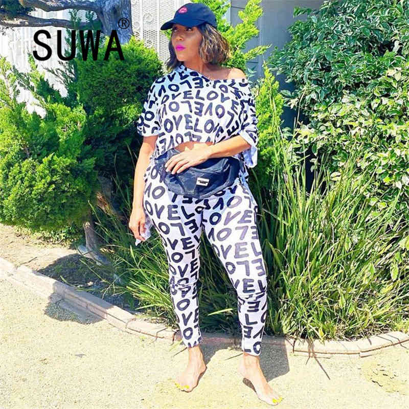 

Wholesale Fitness Sexy Fashion Outfits Black White Letter Patchwork Tracksuit Women 2 Piece Set Half Sleeve Sweatshirt + Pants 210525, Multi