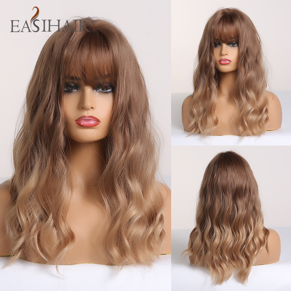 Brown to Blonde Ombre Synthetic Wave Wigs with Bangs Medium Length Wigs for Women Wavy Cosplay Hair Wigs Heat Resistant-image-700437106