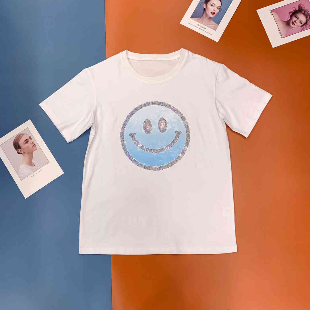 

Women' T-Shirt Spring and summer 2021 ladies around the casual neck in smiley face sequins fashion half sleeves, White