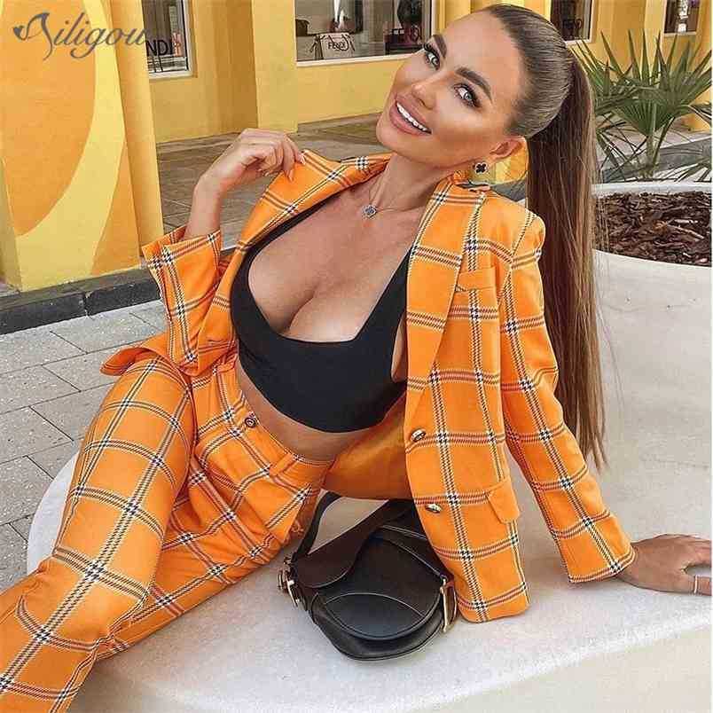 

Elegant Plaid Orange Ladies Suit Jacket Long Sleeve Office Pants Casual Fall Summer Two-piece 210525