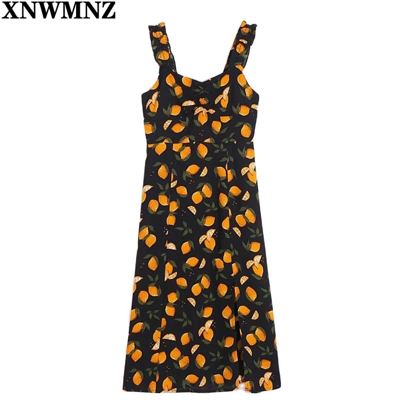 

Vintage Fruit lemon Print women midi dress Elegant sleeveless Dresses Split vestidos Retro chic summer 210520, Black