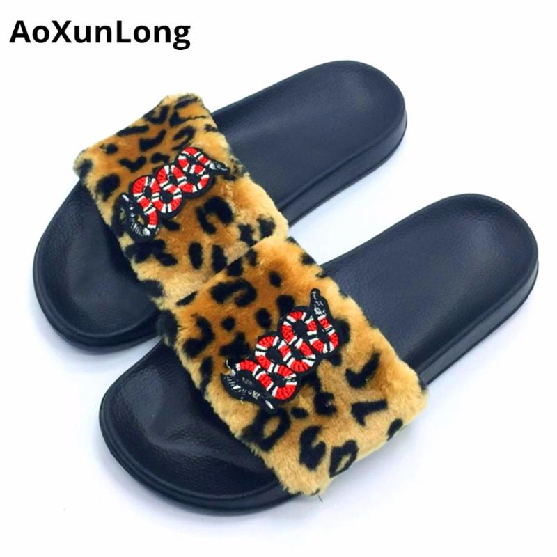 

Women Fashion Embroidered Snake Slippers Indoor Furry Lightweight Home Pink Leopard Flat Shoes, Black