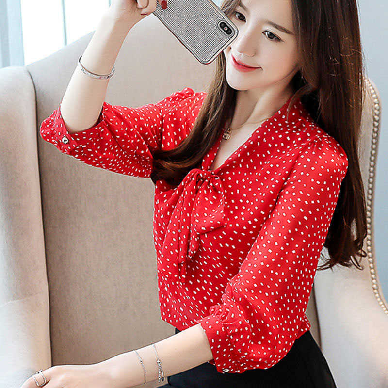 

Women Spring Summer Style Chiffon Blouses Shirts Lady Casual Bow Tie Collar Polka Dot Printed Half Sleeve Blusas Tops DF2955 210609, Red