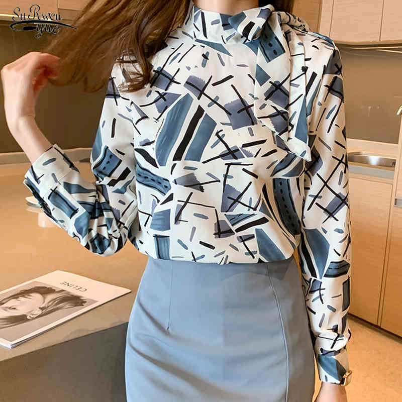 

Spring Women' Floral Long Sleeve Shirt Stand Collar Elegant Bow Loose Casual Blouse Blouses and Tops Blusas 13099 210521, Mixed